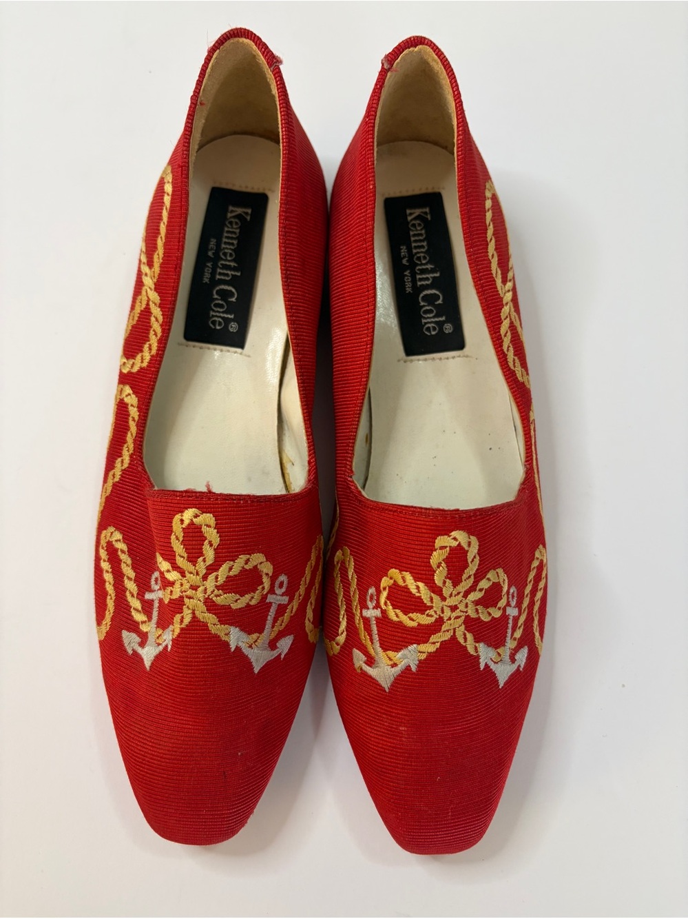 Kenneth Cole Red Slip-On Loafers with Gold Embroidered Rope Detail
